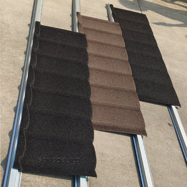 Roofing Material Al-Zinc Colorful Stone Chips Coating Steel Panel Anti Fade Sound Proof Tudor Texture Stone Coated Roof Sheet Tile