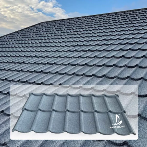 Roofing Material Al-Zinc Colorful Stone Chips Coating Steel Panel Anti Fade Sound Proof Tudor Texture Stone Coated Roof Sheet Tile